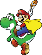 Caped Mario holding a Cape Feather while he is mounted on Yoshi, from Super Mario World: Super Mario Advance 2.
