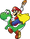 Caped Mario holding a Cape Feather while he is mounted on Yoshi, from Super Mario World: Super Mario Advance 2.