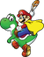 Caped Mario holding a Cape Feather while he is mounted on Yoshi, from Super Mario World: Super Mario Advance 2.