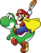 Caped Mario holding a Cape Feather while he is mounted on Yoshi, from Super Mario World: Super Mario Advance 2.