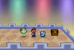 Mario finding Super Soda in front of a chest in Shy Guy's Toy Box of Paper Mario.