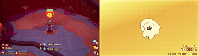Mario and Luigi under the Coin Competition Block on Smahl Islet of Mario & Luigi: Brothership.