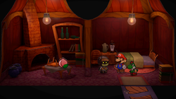 Mario near a Peachy Peach in Twilight Town of Paper Mario: The Thousand-Year Door for Nintendo Switch.