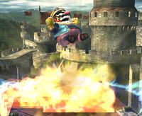 Wario uses his Wario Waft move in Super Smash Bros. Brawl.