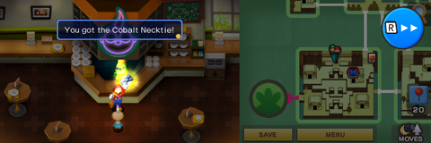 Mario getting the Cobalt Necktie from Professor E. Gadd in the town part of Beanbean Castle of Mario & Luigi: Superstar Saga + Bowser's Minions.