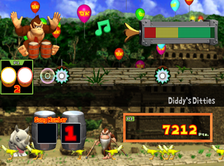 Gameplay in Donkey Konga, with a ruins background theme. Rambi stands next to the counter, along with Cranky Kong. Numerous Banana Birds hop around the bottom of the screen.