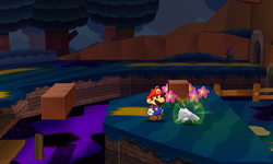 Mario near crumpled up Tree Stump scrap in Loop Loop River of Paper Mario: Sticker Star.