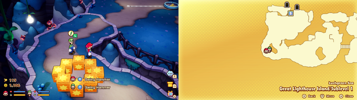 Mario and Luigi near wooden crates containing 2 Coins, a 10-Coin and a Mushroom on Great Lighthouse Island of the Lushgreen Sea of Mario & Luigi: Brothership.