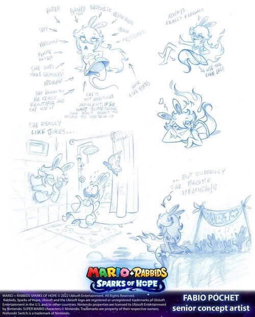 Concept art sketches of Midnite in Mario + Rabbids Sparks of Hope, drawn by Fabio Pochet