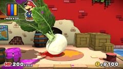 Mario escaping the Wringer's section of the harbor district in Port Prisma using a Turnip, in Paper Mario: Color Splash.