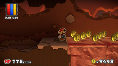 Mario near 35 Coins in Redpepper Crater of Paper Mario: Color Splash.