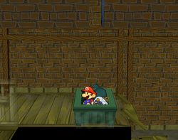 Mario near a Dried Shroom in Riverside Station of Paper Mario: The Thousand-Year Door.