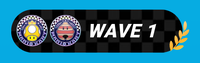 A rounded box with the text "Wave 1" in it, with emblems of the Golden Dash and Lucky Cat cups on the left, and a laurel on the right.