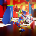 Artwork of Pomni based on artwork of Mario from Dance Dance Revolution: Mario Mix.