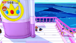 Mario standing near 3 100-Coins on The Princess Peach ship of The Origami King.