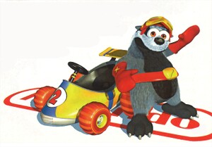 Bumper leans on his Car on the Nintendo logo in Diddy Kong Racing.