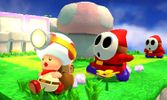 Captain Toad running from a Shy Guy in Mushroom Mesa.