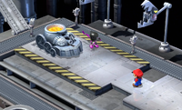 Mario confronting the Factory Chief deep inside the Factory, as seen in Super Mario RPG (Nintendo Switch).