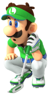 Artwork of Luigi reading the green in Mario Golf: Super Rush