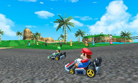 Mario and Luigi racing in a different part of Wuhu Loop. Miis appear in the background.