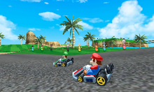 Wuhu Loop in the E3 2010 build of Mario Kart 7. Miis can be seen in the background.