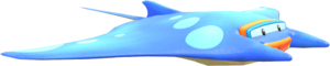 Rendered model of the Manta in Mario Kart 8. This iteration of the character is blue and wears goggles, much like Jumbo Rays.