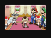 The intro of Mario & Luigi: Partners in Time with Mario, Luigi, Toad, Toadsworth and Professor E. Gadd at the scene.