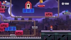 Screenshot of Twilight City level 8-2 from the Nintendo Switch version of Mario vs. Donkey Kong