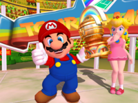Mario wins the Rainbow Cup in Mario Power Tennis.