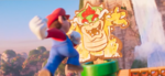 Mario punching a wooden cutout of Bowser