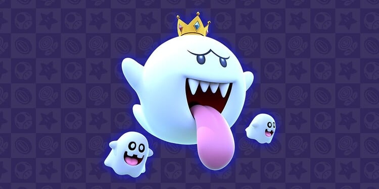 Artwork of King Boo and two Peepas for Mario Party Superstars, shown after answering the first question in the Terrifying trivia with Nintendo ghosts skill quiz