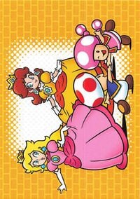 Line drawing card from the Super Mario Trading Card Collection featuring Peach, Daisy, Toad, and Toadette