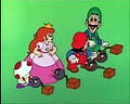 Chain Chomps capturing Mario, Luigi, Princess Toadstool, and Toad.