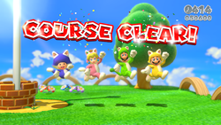 Screenshot of the playable characters in their cat forms at the end of Really Rolling Hills in Super Mario 3D World
