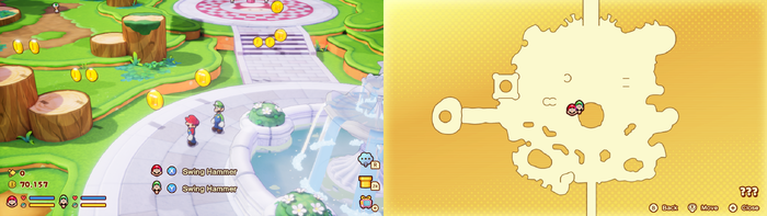 Mario and Luigi near 6 Coins and 4 10-Coins in the illusionary Mushroom Kingdom area of Soli-Tree of Mario & Luigi: Brothership.