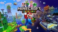 Group artwork of the "Super Mario Mash-Up Pack" in Minecraft, with Vibrant Visuals applied. This scene resembles the group artwork from Super Mario 3D World, but with different characters. Compared to the original, various objects have been positioned slightly differently, and Daisy is replaced with Princess Peach.