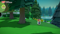 Mario standing near 2 Coins and a 10-Coin in Whispering Woods of The Origami King.