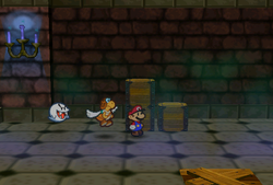 Mario finding Maple Syrup in the crate in the Boo's Mansion of Paper Mario.