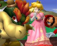 Screenshot of Princess Peach doing her taunt in Super Smash Bros. Melee
