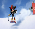 Shadow the Hedgehog goes skiing.