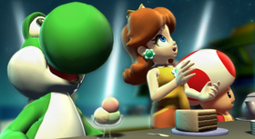 Daisy, Yoshi, and Toad witness a display of fireworks in the last cinematic.