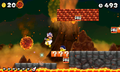 Mario using an Invincibility Leaf in a volcano level.