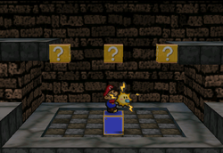 Image of Mario revealing several hidden ? Blocks in Toad Town Tunnels, in Paper Mario.