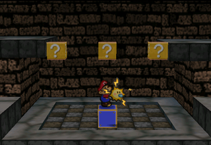 Image of Mario revealing several hidden ? Blocks in Toad Town Tunnels, in Paper Mario.