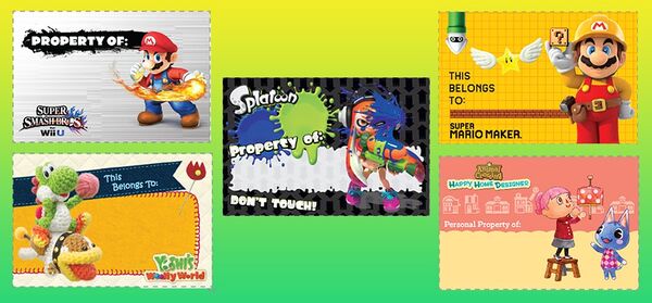 A set of printable labels branded with various Wii U games, such as Super Smash Bros. for Wii U, Yoshi's Woolly World, Splatoon, Super Mario Maker, and Animal Crossing: Happy Home Designer
