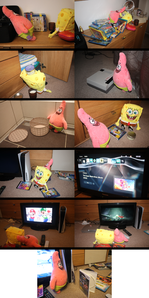 Eleven photographs are shown in comic format, arranged left to right, top to bottom. In the first, Spongebob and Patrick are looking at a collection of DVD and Blu-ray movies with a gap in it. In the second, Spongebob and Patrick are trying to find the missing movie. They are pulling DVDS and BRs out and tossing them away, but none of them are the right movie. In the third, Spongebob is checking some disc holders and starting to look in a cabinet. The fourth shows Patrick trying to check in a NES (maybe because the NES looks similar to a VCR). The fifth shows Patrick is checking another disc-shaped container. The sixth panel shows Spongebob and Patrick giving up on finding the disc and picking a different movie. In the seventh, Spongebob and Patrick go to the PS5 to put it in, only to find they left the The Super Mario Bros. Movie Ultra HD Blu-ray (a favorite format for videophiles) case near the PS5. The eighth panel shows the TV, and yes, the TSMBM disc was inside the PS5 the whole time. The ninth panel shows Spongebob And Patrick starting to watch TSMBM to entertain themselves. In the tenth, they are finishing watching the movie. The eleventh and final panel shows Patrick trying to insert the Wii Super Mario Galaxy disc into the PS5, thinking it is the The Super Mario Galaxy Movie disc, but the fact is that TSMGM is now playing in cinemas and is ready to make a billion dollars. For now, the home media releases of TSMGM are not available.