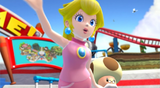 Peach at the entrance with Toadsworth waving towards the other characters.