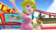 Peach and Toadsworth are at the entrance of the Baseball Kingdom, awaiting the arrival of Mario and others riding a yacht in the opening cinematic.
