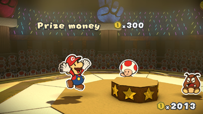 Mario getting the prize money for winning the first/second round in Roshambo Temple of Paper Mario: Color Splash.