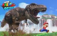 A T-Rex chasing Mario in Fossil Falls of Super Mario Odyssey.